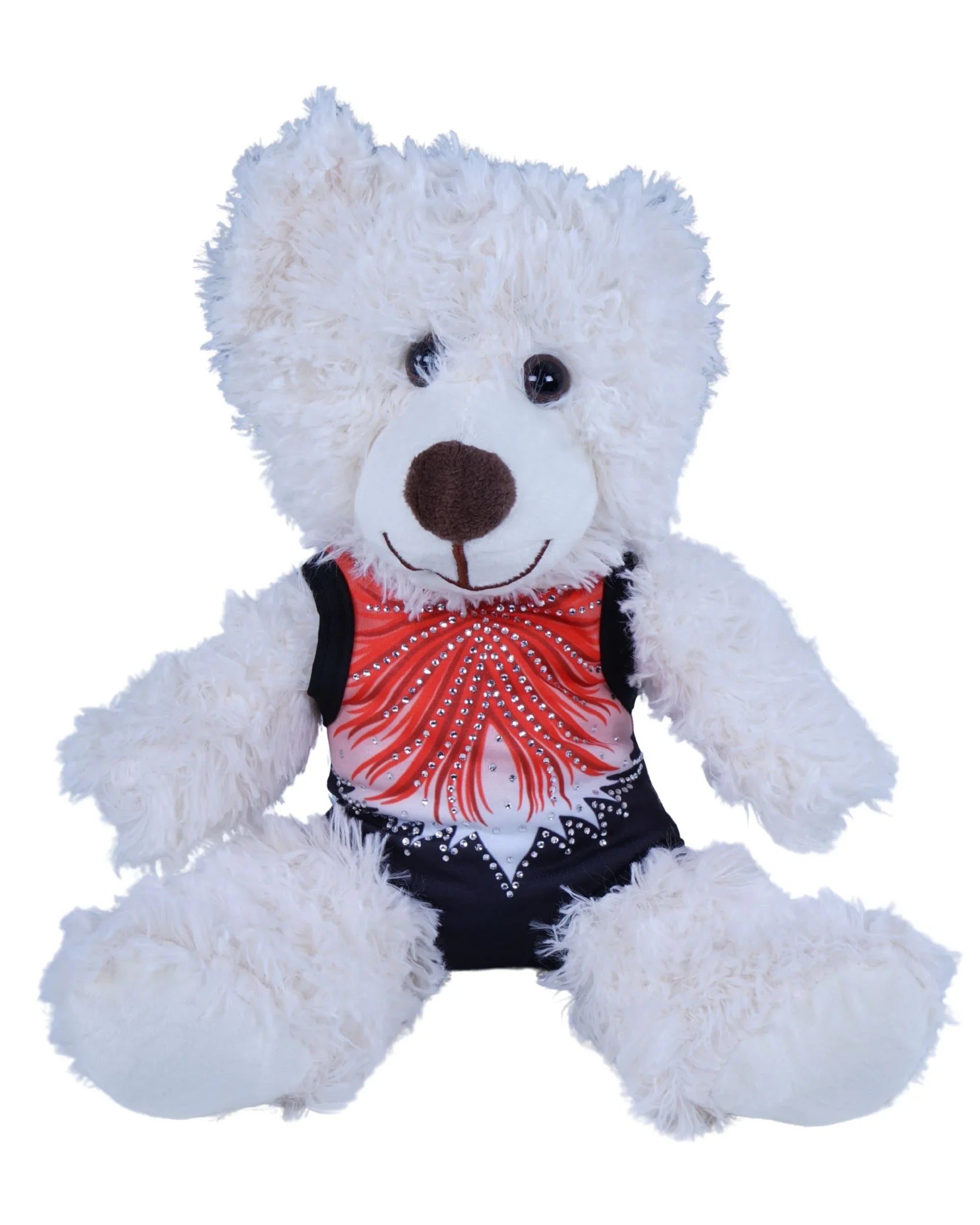 Voorkant Witte Turnbeer mascotte beer met rood zwart turnpakje met strassteentjes