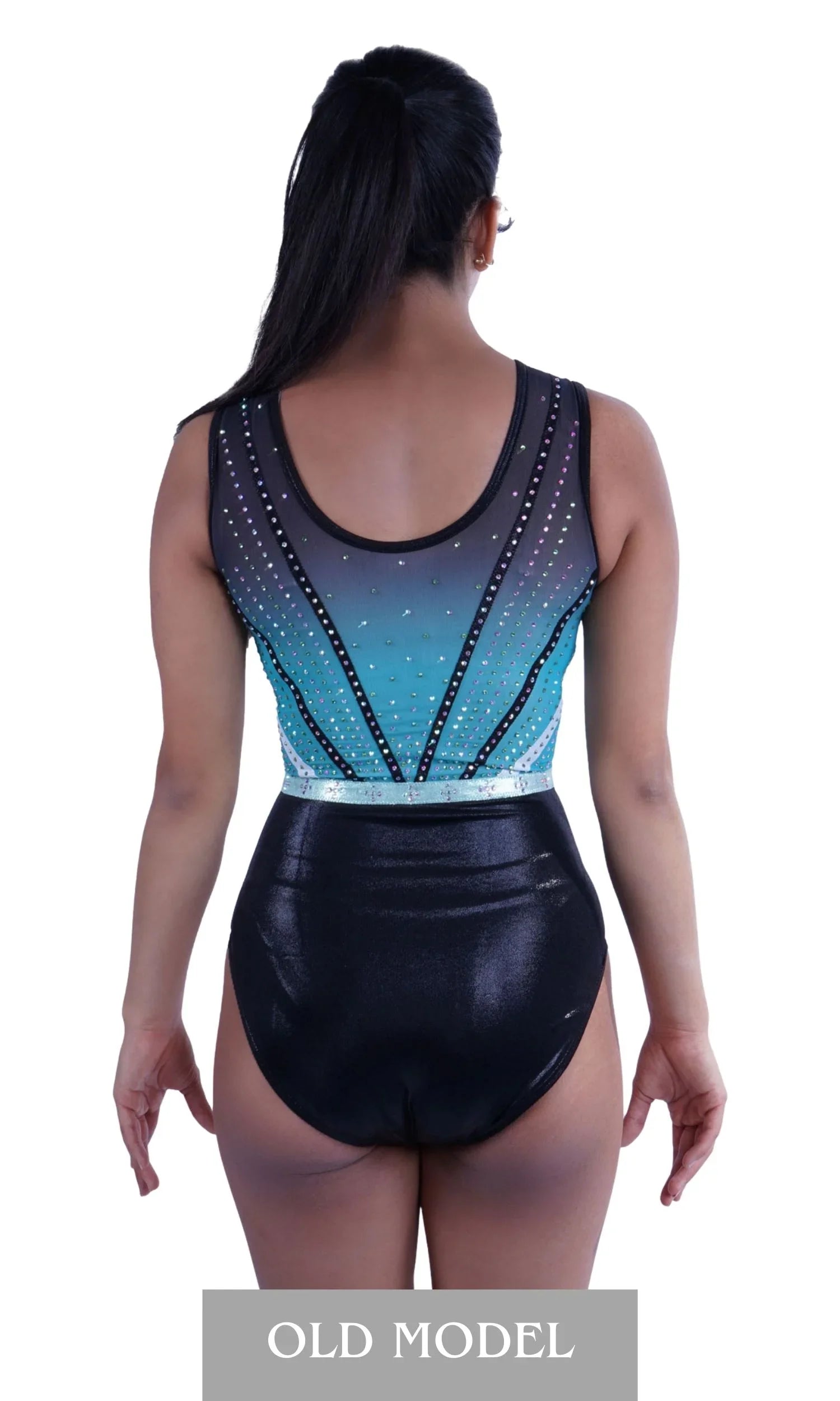 achterzijde mouwloos turnpakje met rhinestones zwart mint