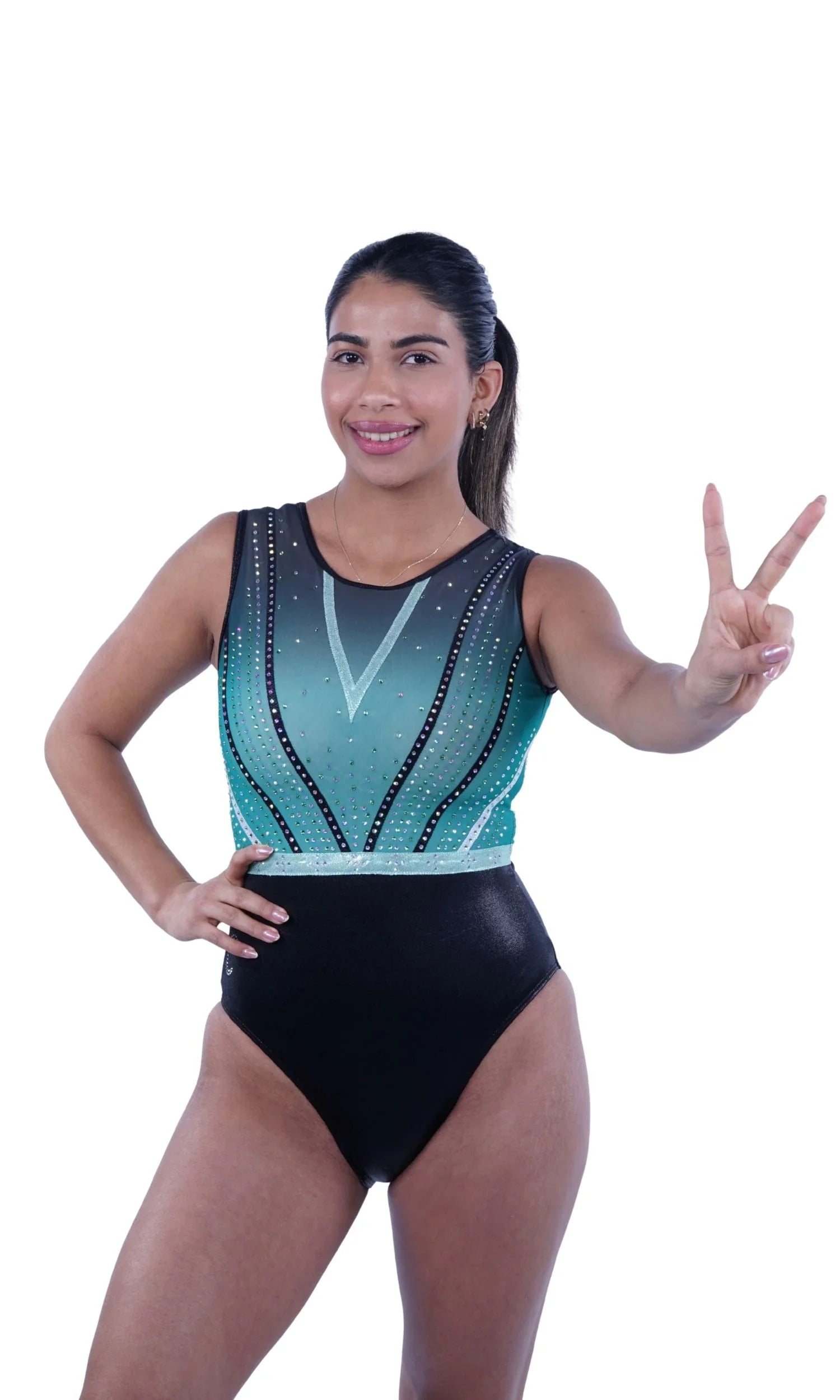 Voorkant van een mouwloos zwart en mintkleurig turnpakje van CEK Gymnastics, model C-1038-A, met een mystique onderkant, mesh bovenkant en  strass stenen.